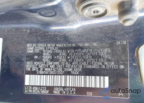 2008 Toyota Tundra Limited 5.7L V8 from USA, damaged, VIN 5TBBV58138S513507
